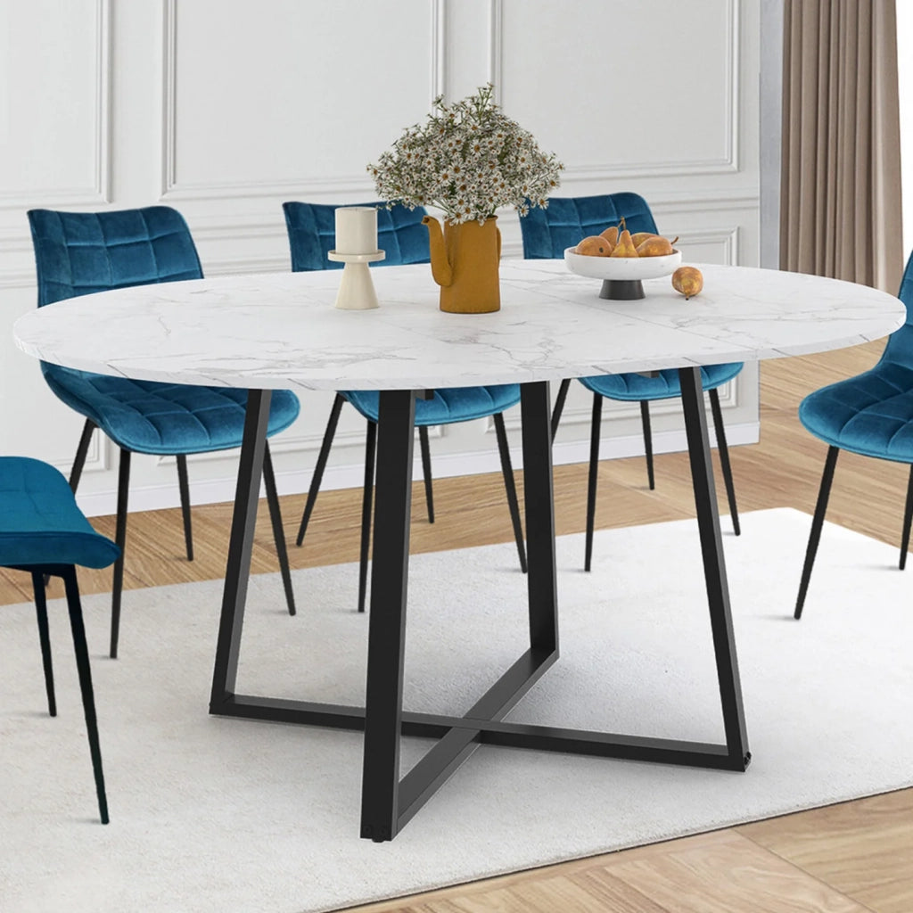 IDMarket - Tavolo da pranzo rotondo allungabile SELMA 4-8 persone piano in marmo bianco e nero ALASKA 110 - 150 cm