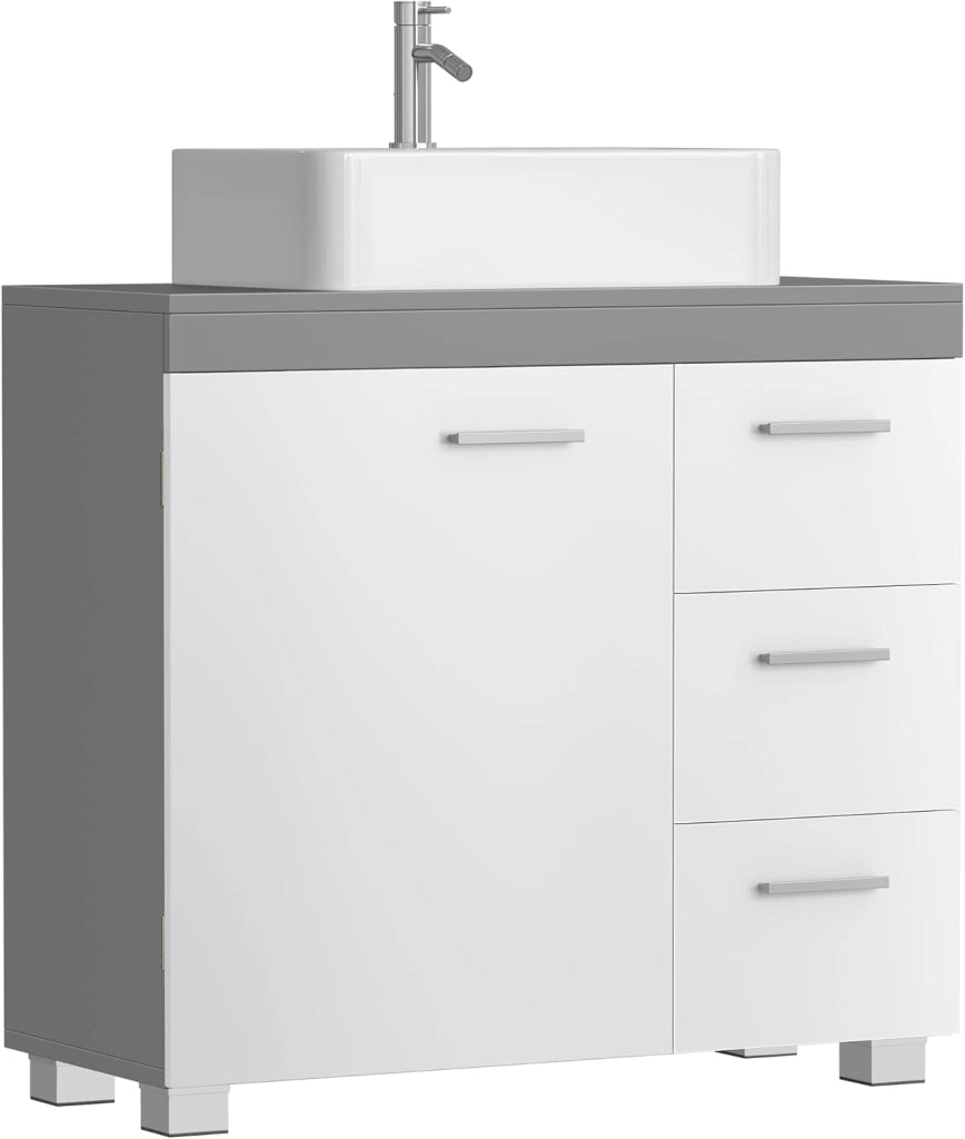 VASAGLE Mobile Sottolavabo per Bagno, Mobiletto da Bagno, 3 Cassetti Laterali, 2 Scomparti dietro l'Anta, per Lavabi con Colonna, con Piedini, 30 x 70 x 64 cm, Bianco Nuvola e Grigio Tortora BBK504W02