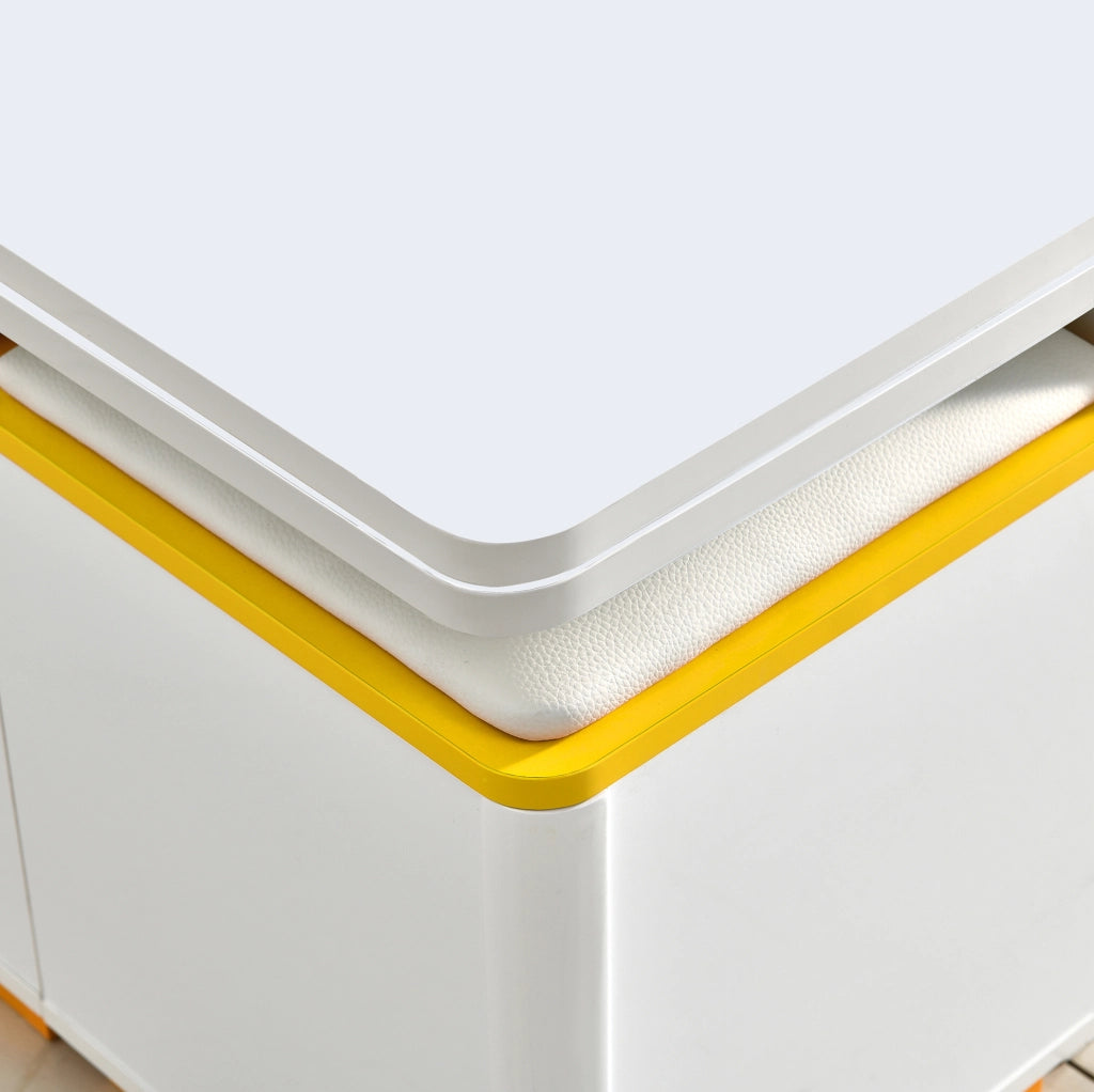 Tavolino da caffè trasformabile con 4 sgabelli contenitore 100x50x43 cm in MDF e truciolare bianco e giallo