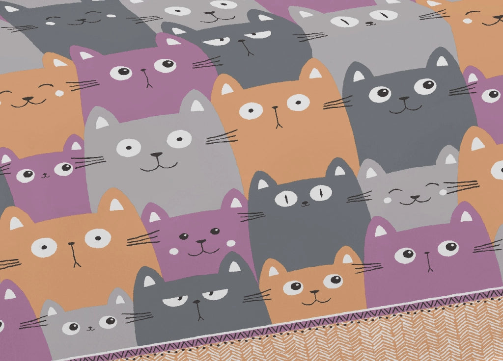 Telo Arredo Multiuso Linea Pensieri Delicati In Cotone Disegno Happy Cat - Matrimoniale - Arancio