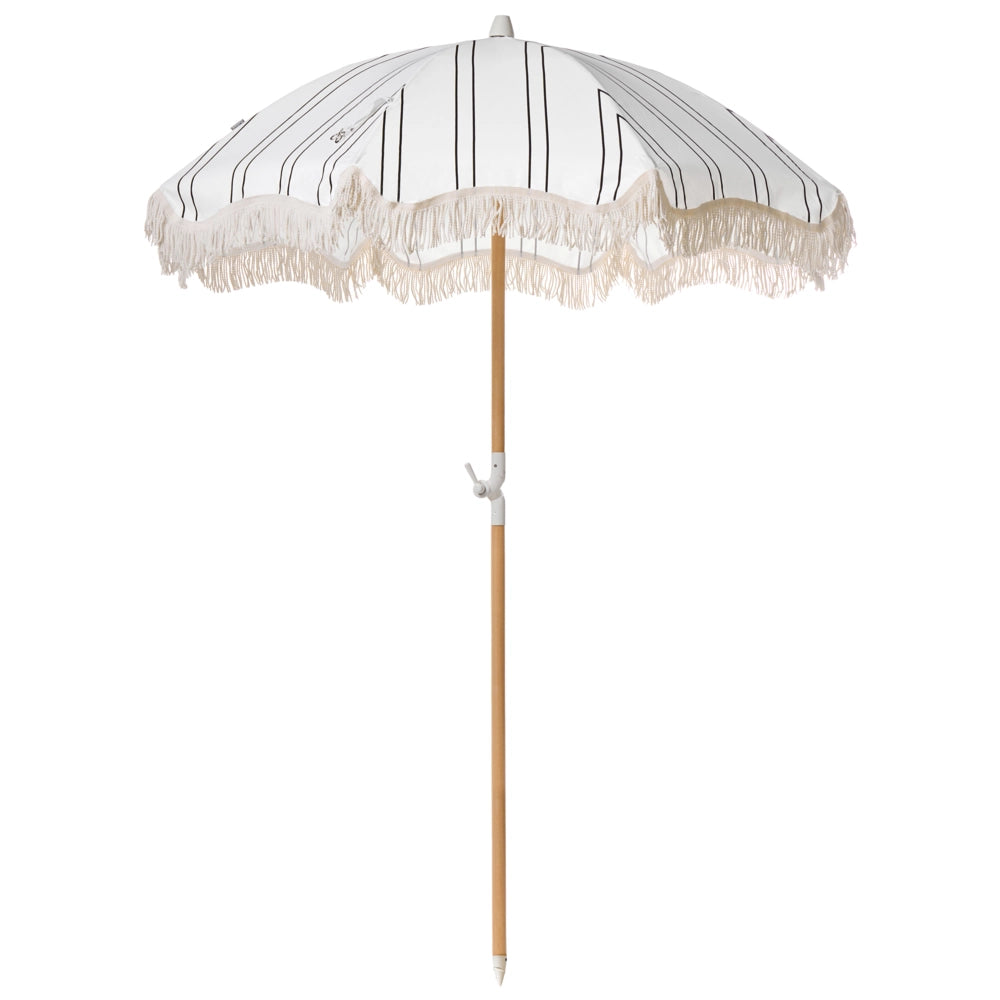 Ombrellone giardino tessuto nero e bianco palo in legno faggio 150 cm Ombrellone esterno rotondo giardino retrò inclinabile resistente ai raggi UV