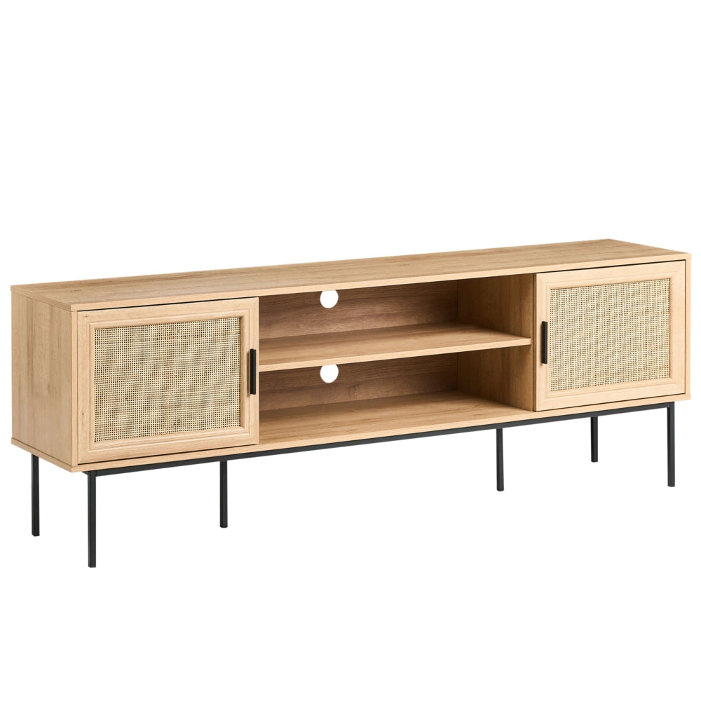 Mobile TV a 2 Ante in Rattan e Gambe in Metallo 180 x 63 cm Legno Chiaro