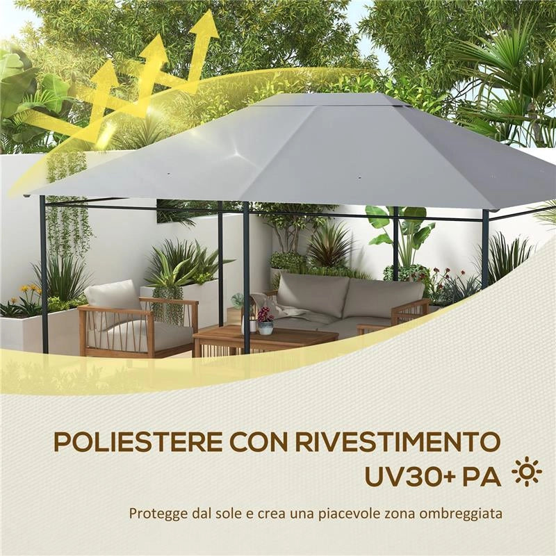 TETTO DI RICAMBIO 4X3 M PER GAZEBO ANTI UV IN POLIESTERE CON PRESA D'ARIA, GRIGIO CHIARO