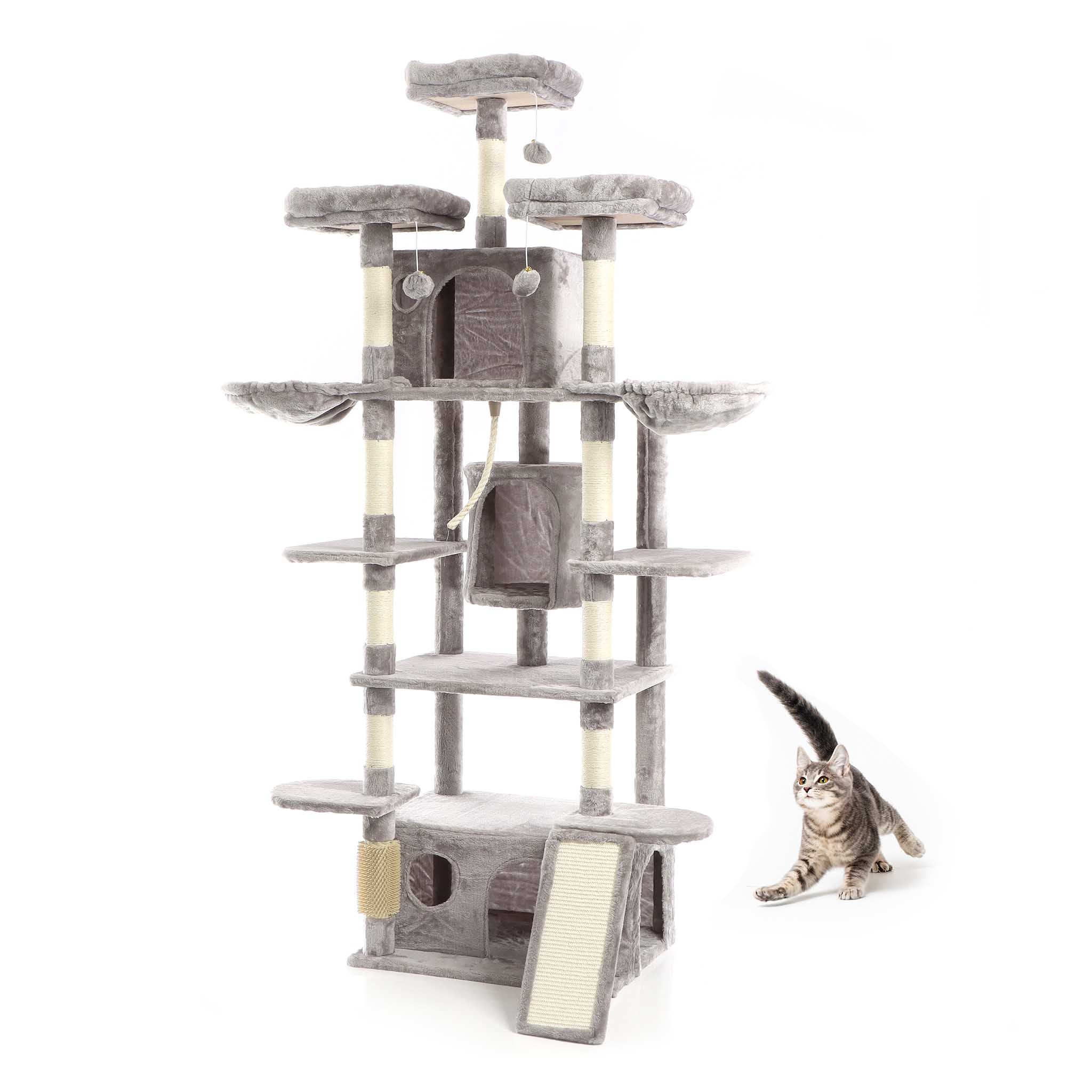 Fudajo Albero tiragraffi 198cm per gatti, grigio con sisal cuccette e amache