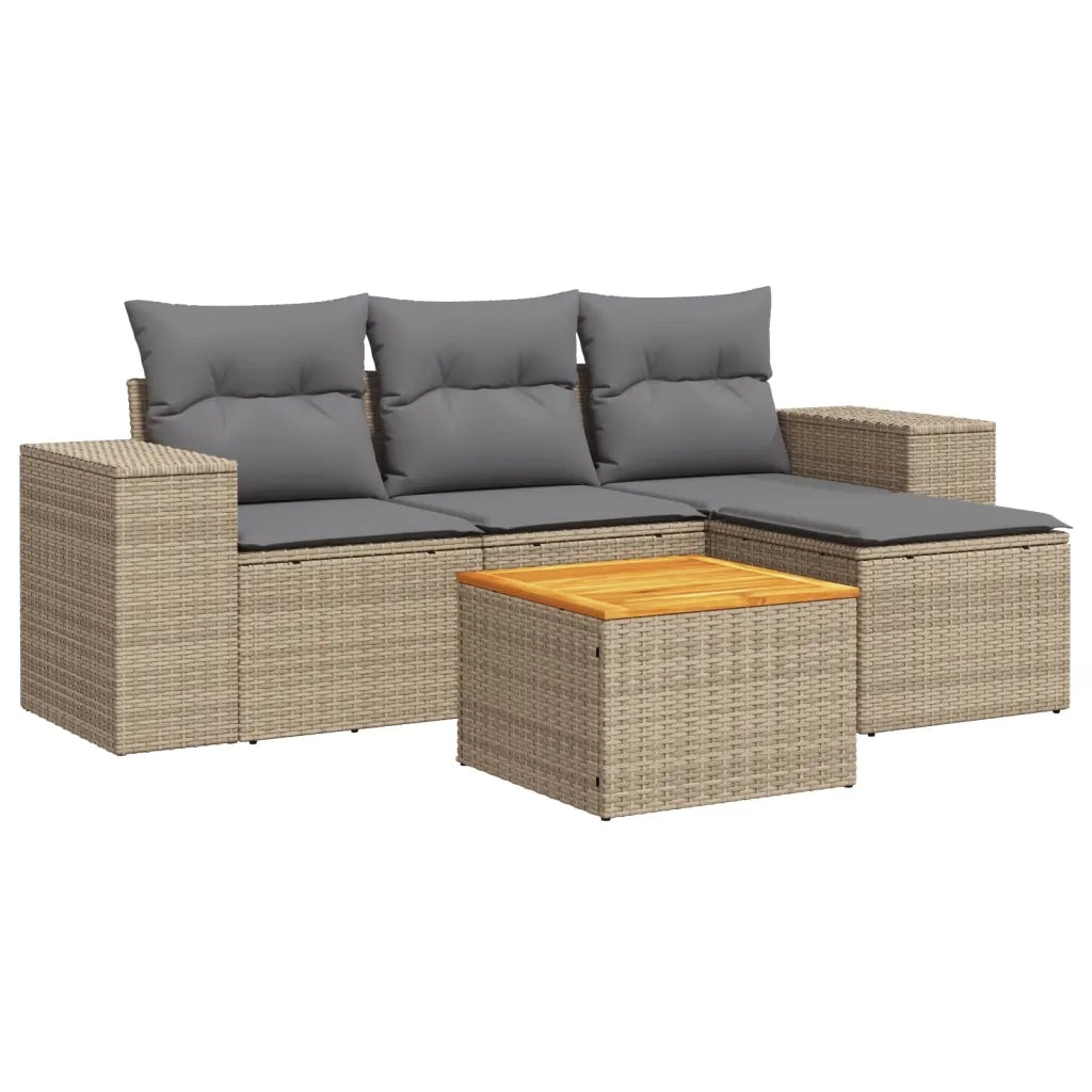 Set Divano da Giardino 5 pz | Set Salotto da Giardino con Cuscini Beige in Polyrattan