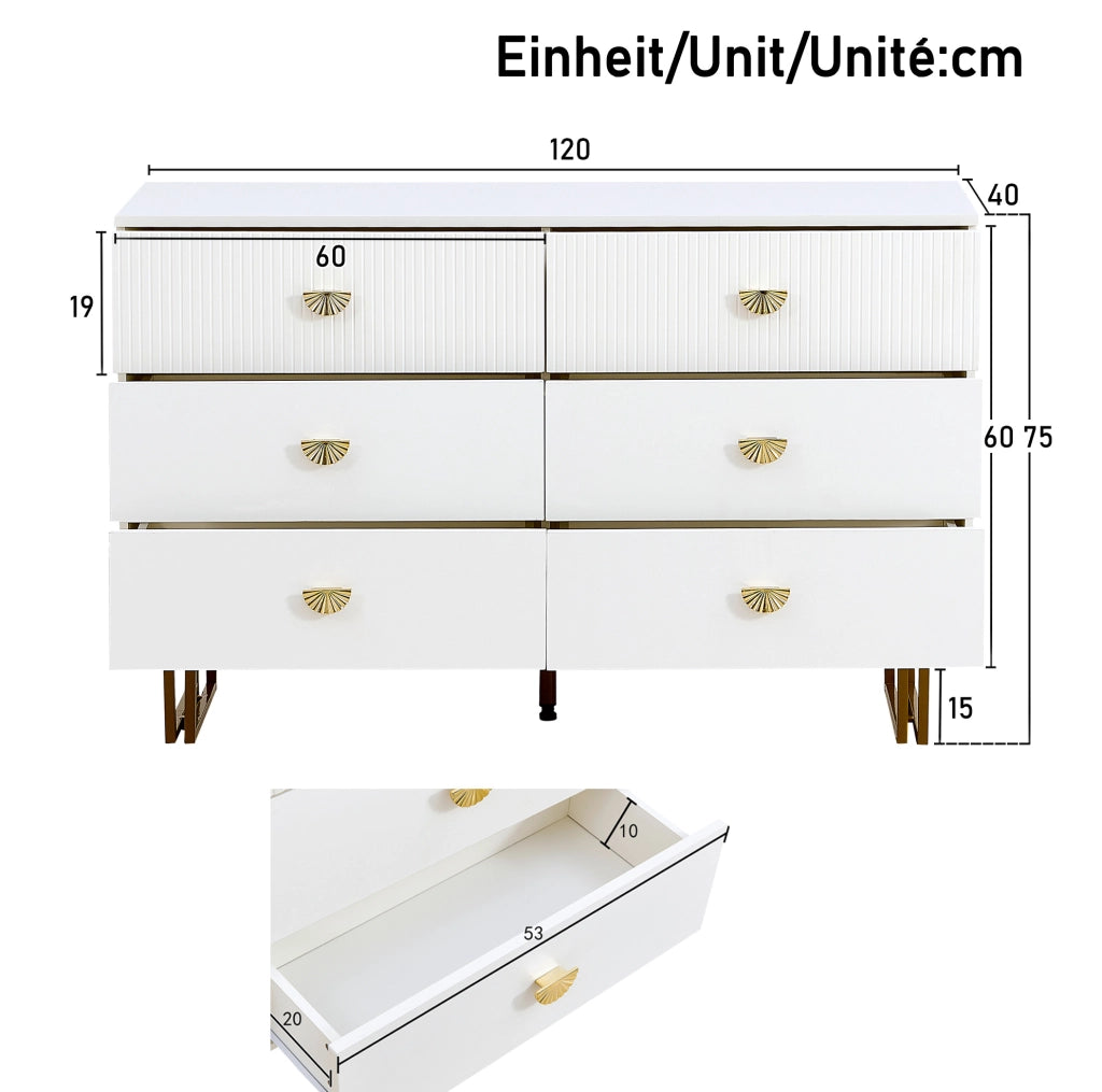 Set credenza bianca in MDF con 6 cassetti e specchio da parete 80x80 cm; dettagli dorati