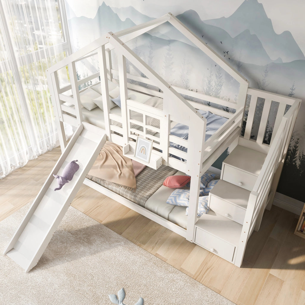 Letto a castello per bambini 90x200 cm in legno massello e MDF, bianco, con scivolo e contenitore