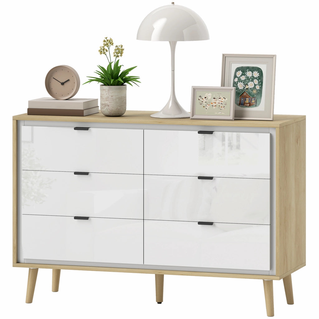 Cassettiera con 6 Cassetti in Legno per Camera da Letto. 110x40x75 cm. Bianco Lucido e Rovere