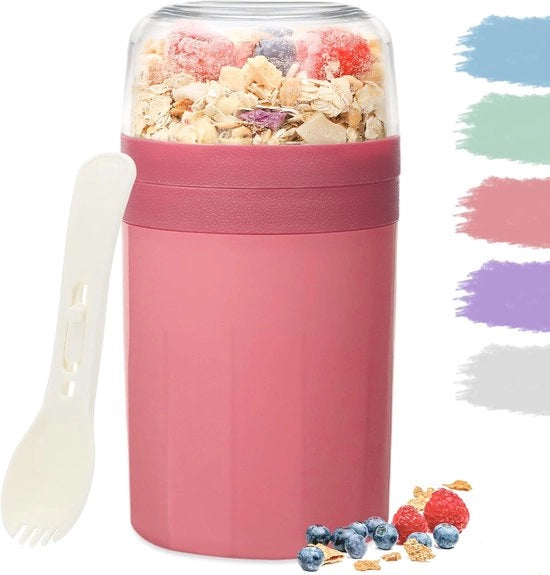 Biberon Portatile 520 ml + 250 ml - Biberon di Yogurt Libero da Leciti con Cucchiaio e Contenitore per Salsa per Bambini e Adulti - Rosa