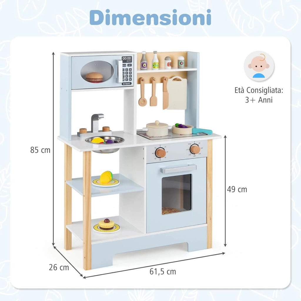 Cucina Giocattolo in Legno per Bambini, Set Cucina Gioco con Lavagna e Accessori Completi, Gioco di Finzione per Bambini 3+ Anni, 61,5 x 26 x 85 cm