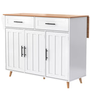 Carrello da cucina con 2 cassetti; 3 vani; piano ribaltabile e ruote per cucina e sala da pranzo; in MDF bianco; 129×46×91.5 cm