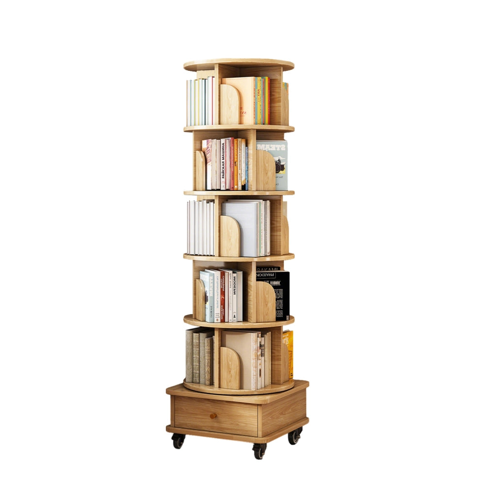 Libreria girevole 360° con ruote e cassetto, colore legno, salvaspazio per casa e ufficio