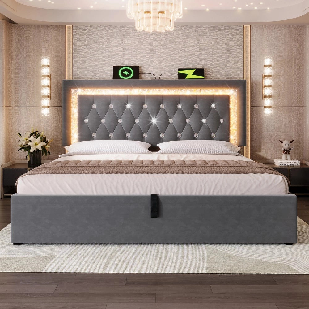 Letto Imbottito Contenitore 160x200 Velluto con LED, USB, Idraulico e Doghe ¨C MINIMAL ¨C Grigio