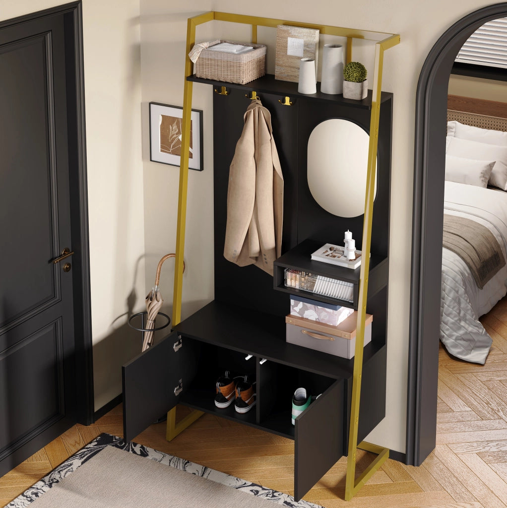 Guardaroba compatto moderno con specchio e ganci in metallo; 78 x 38;5 x 180;5 cm; nero