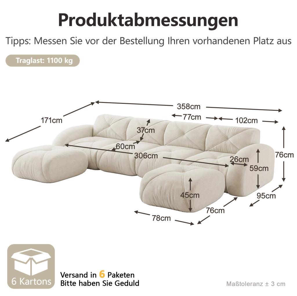 Divano modulare a U 358x171x76 cm in chenille beige chiaro con 2 pouf