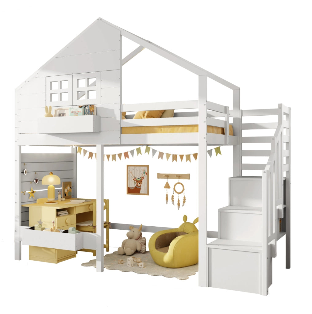 Letto a castello 90x200 cm con scala contenitore e finestra in legno e MDF bianco