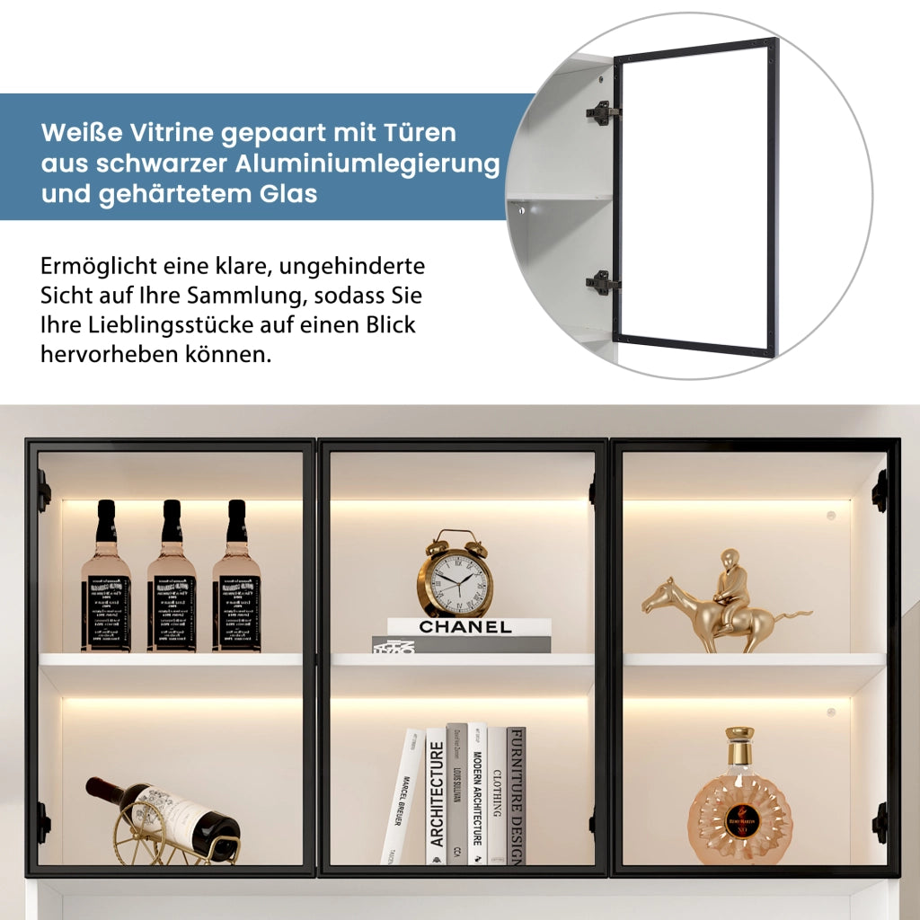 Vetrina alta con LED, ripiani regolabili, 6 cassetti e ante in vetro, per soggiorno, cucina e ufficio, bianco