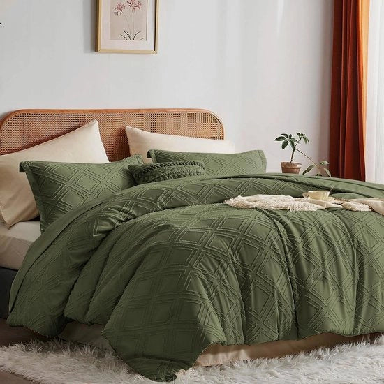 Set da letto boho con dettagli ricamati in verde - Incluso cuscino con fodero e copriletto