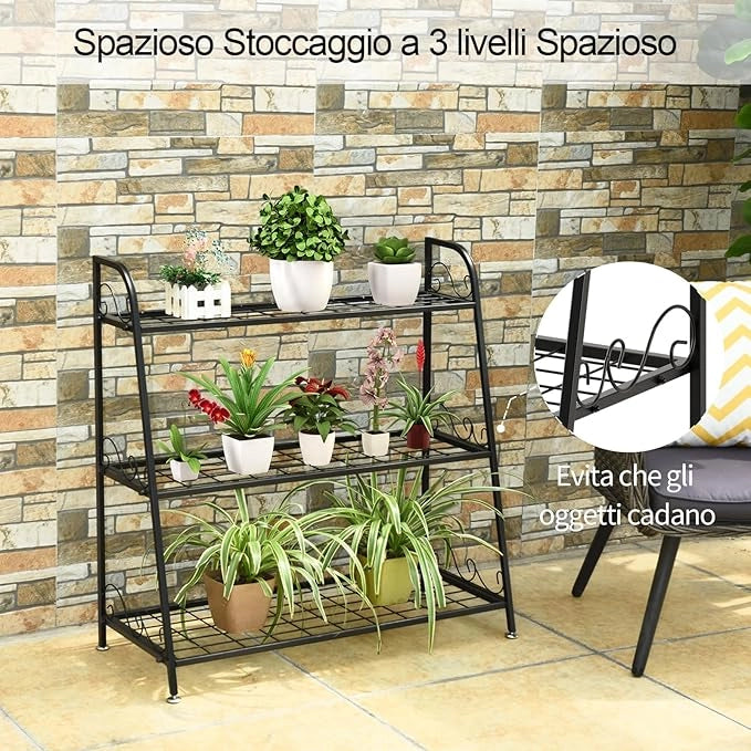 Scaffale Piante da Interno ed Esterno, Porta Fiori di Metallo a 3 Livelli con Piedini Regolabili, Porta Vasi per Giardino, Balcone e Soggiorno, 81 x 35 x 82 cm
