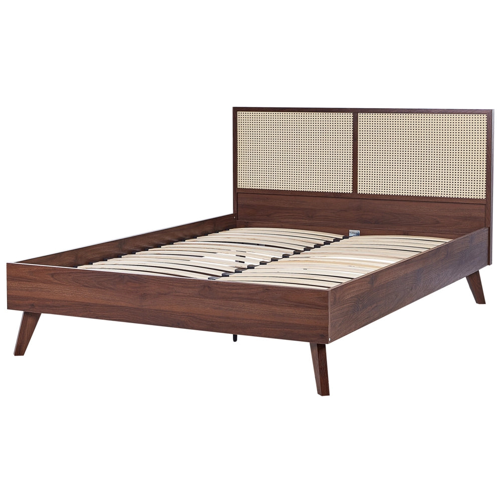 Letto matrimoniale legno di pioppo scuro con testiera in vimini 140 x 200 cm camera da letto moderna boho minimalista