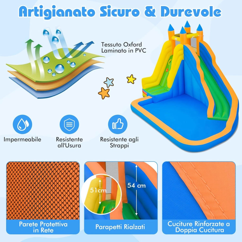Castello Gonfiabile per Bambini, 3 in 1 Giochi Gonfiabili con Scivolo, Piscina e Parete di Arrampicata, Parco Acquatico da Esterno per Giardino e Prato, per Bmbini 3-12 Anni