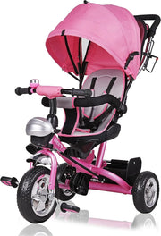 Triciclo 4in1 per Bambini da 1 Anno Passeggino con Maniglione Biciletta Bimbi Neonato Cappottina Cintura Bici a Tre Ruote Copertura Pioggia