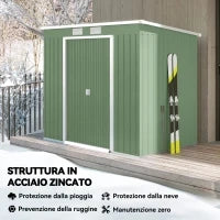 Casetta da Giardino in Acciaio con Doppia Porta Scorrevole e Prese d'Aria, 213x130x173 cm, Verde