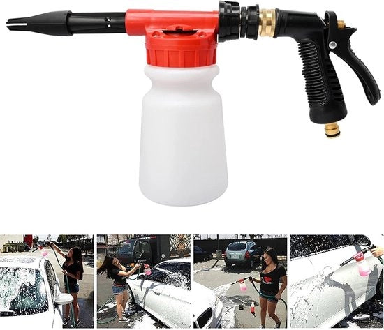Spruzzatore da schiuma 900 ml con dispositivo di regolazione 2-in-1 - Cannone schiuma autolavabile per tubi da giardino - Pulizia auto e motocicli - Utilizzato