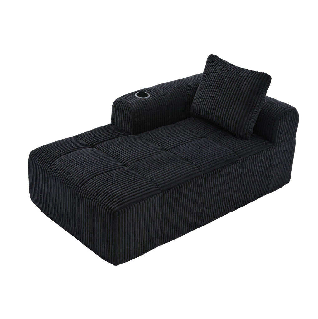 Divano compatto in velluto a coste nero con tasche laterali e portabicchieri; 158x93x61 cm