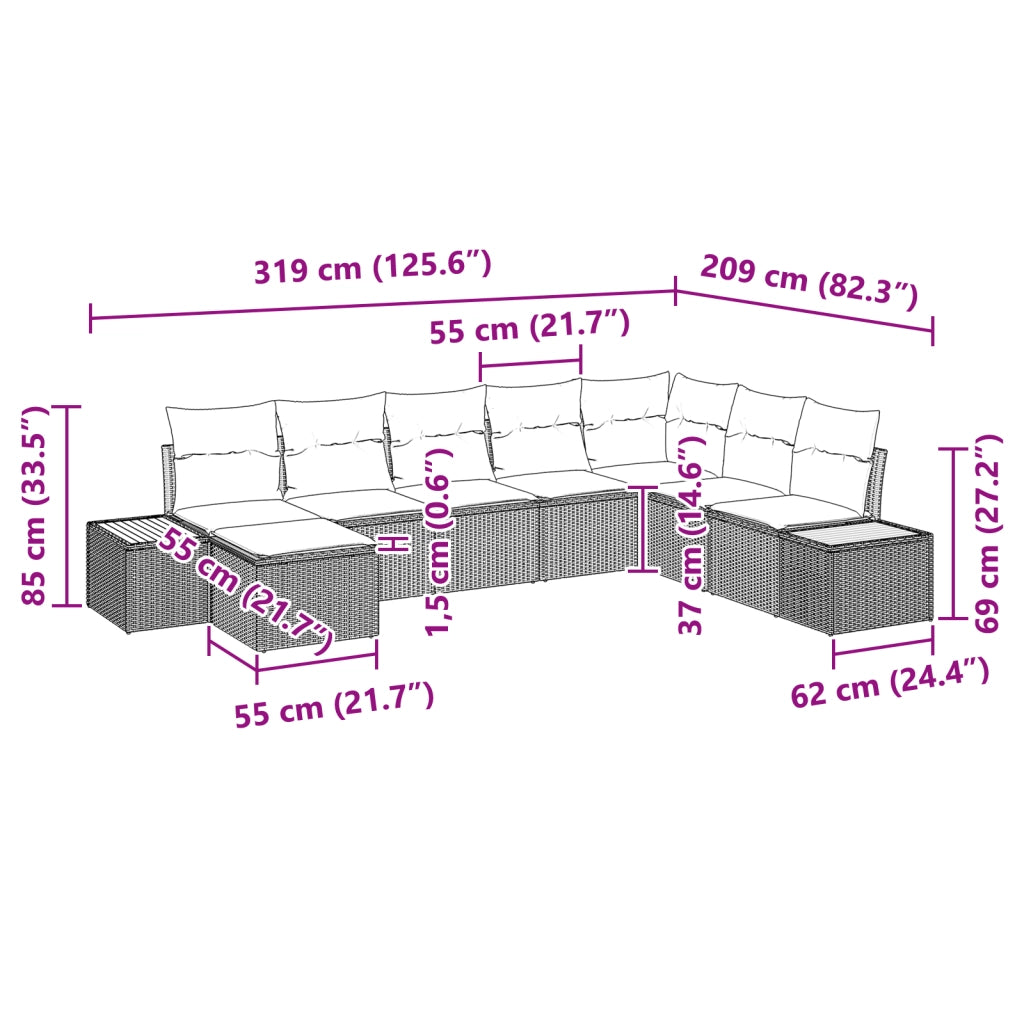 Set di divani da giardino da 8 pezzi con cuscini grigi in polyrattan e acacia