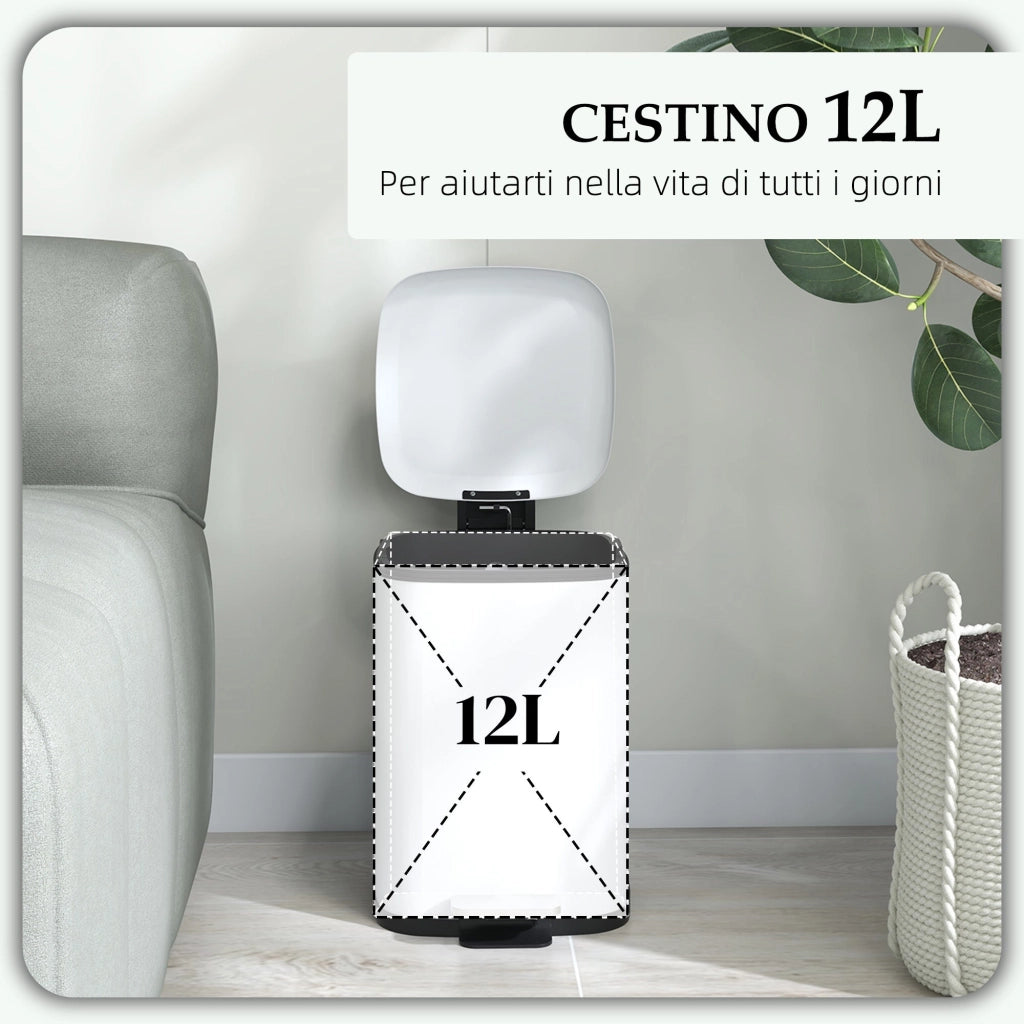 Pattumiera a Pedale 12 Litri 24,5x32x34,5 cm con Chiusura Silenziosa in Metallo e PP Bianco