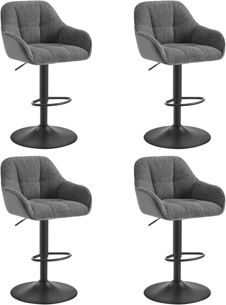 Set di 4 Sgabelli da Bar con Braccioli, Sedia da Cucina con Poggiapiedi, Sgabello Alto con Schienale, Regolabile e Girevole, per Bistrot, Pub, in Velluto a Coste e Ciniglia, Nero, BH400sz-4