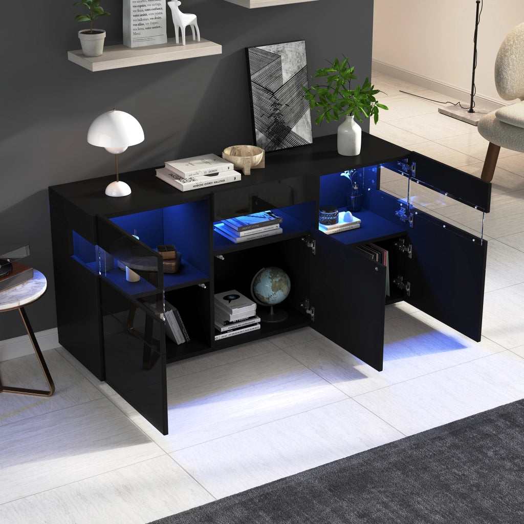 Credenza e madia con LED, 3 ante e 7 vani, frontale lucido, per soggiorno, in truciolare, nero, 140 × 40,5 × 66,5 cm