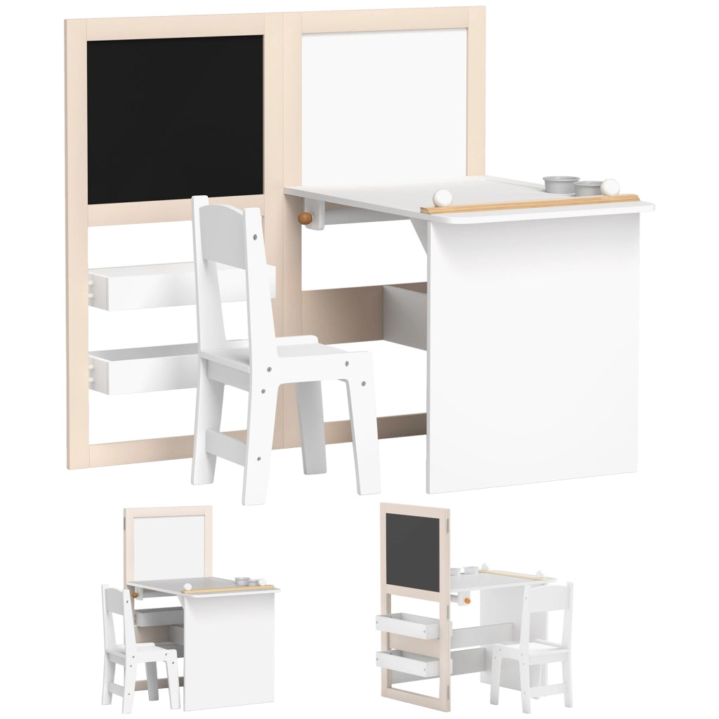Set Tavolo e Sedia per Bambini 3-8 Anni con Lavagna Nera, Lavagna Bianca, Contenitori e Rotolo di Carta, Bianco