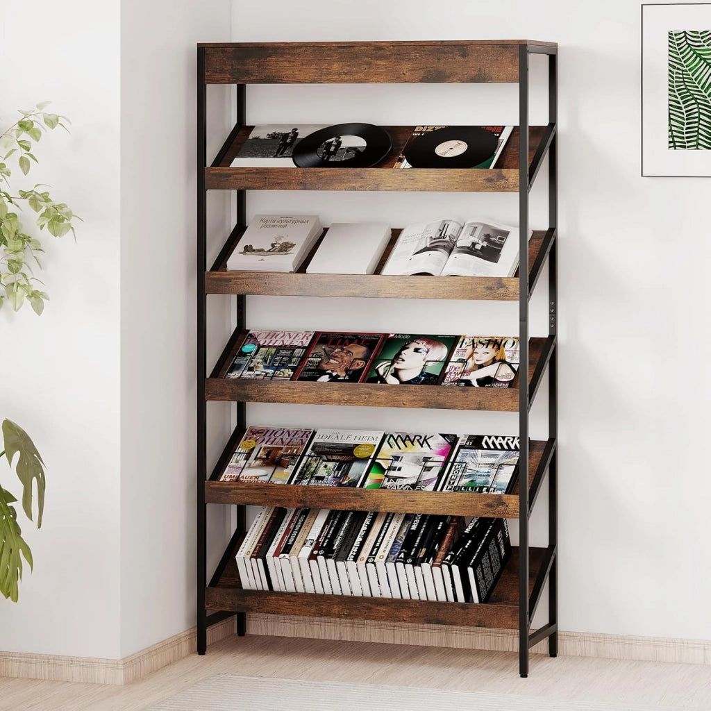 Libreria a 6 Ripiani, Scaffale Inclinato con Struttura Metallica, Porta Giornali Industriale in Legno, Organizer per Soggiorno Camera da Letto Studio, 90x30x161 cm (Marrone)