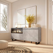 Credenza, Mobile, 208x35x87cm, 4 Porte, Camino elettrico XXL, Design industriale, grigio cemento RF3235