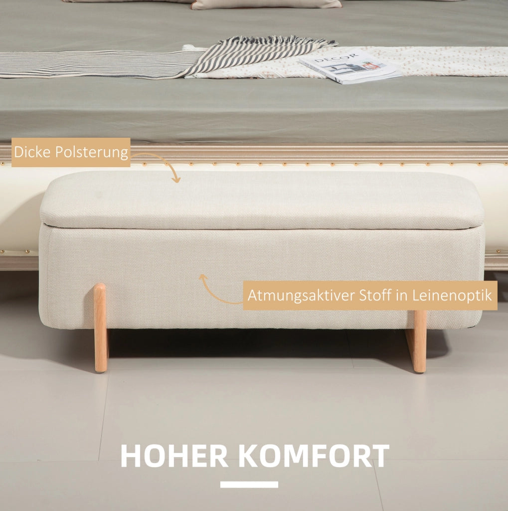 Panca contenitore beige imbottita con gambe in legno