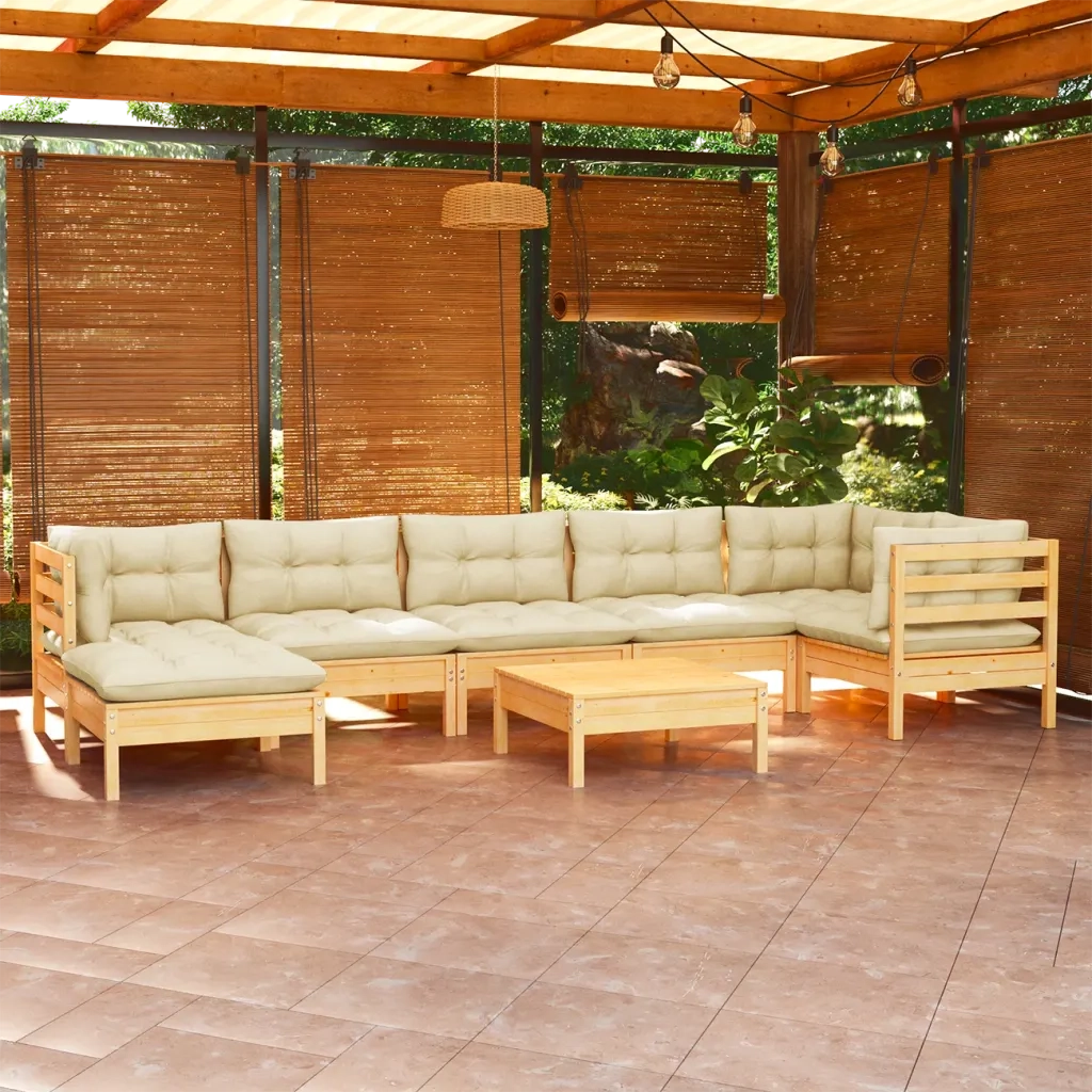 Set Divani da Giardino 8 pz con Cuscini Crema in Massello di Pino 3096556