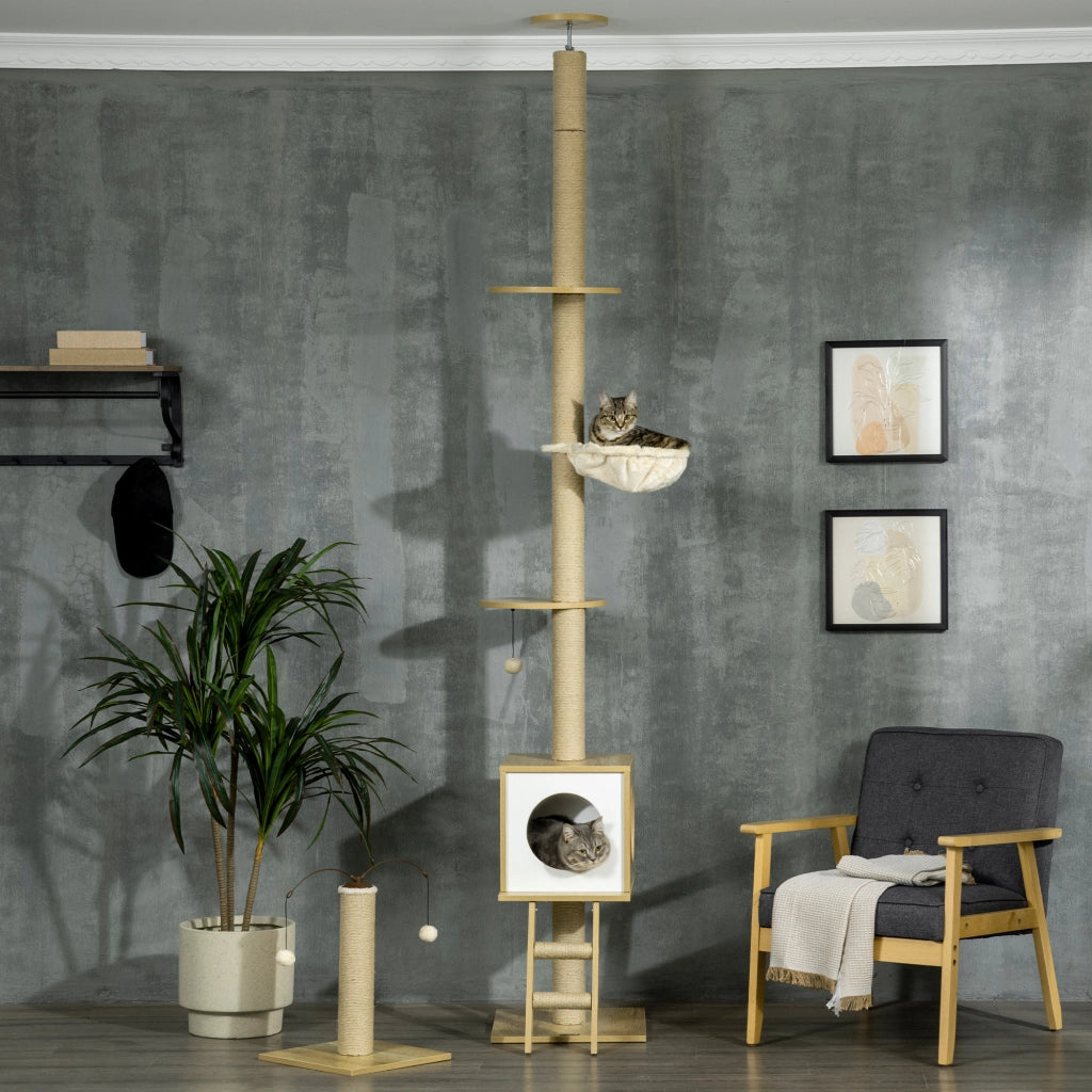 Albero tiragraffi per gatti altezza regolabile con gioco ¨C zephmum ¨C beige 40x40x225-285 cm