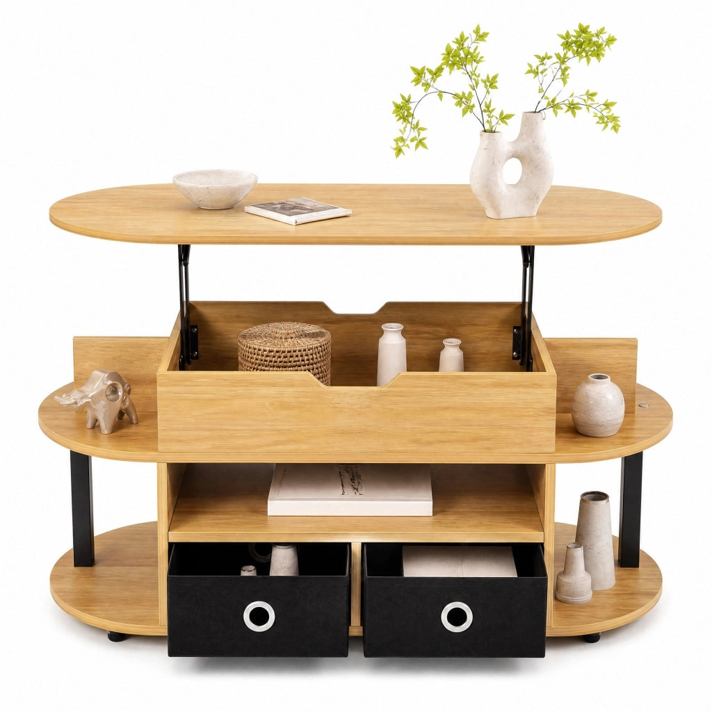 Tavolino da caffè multifunzione con piano sollevabile 105x50 cm; effetto legno e nero