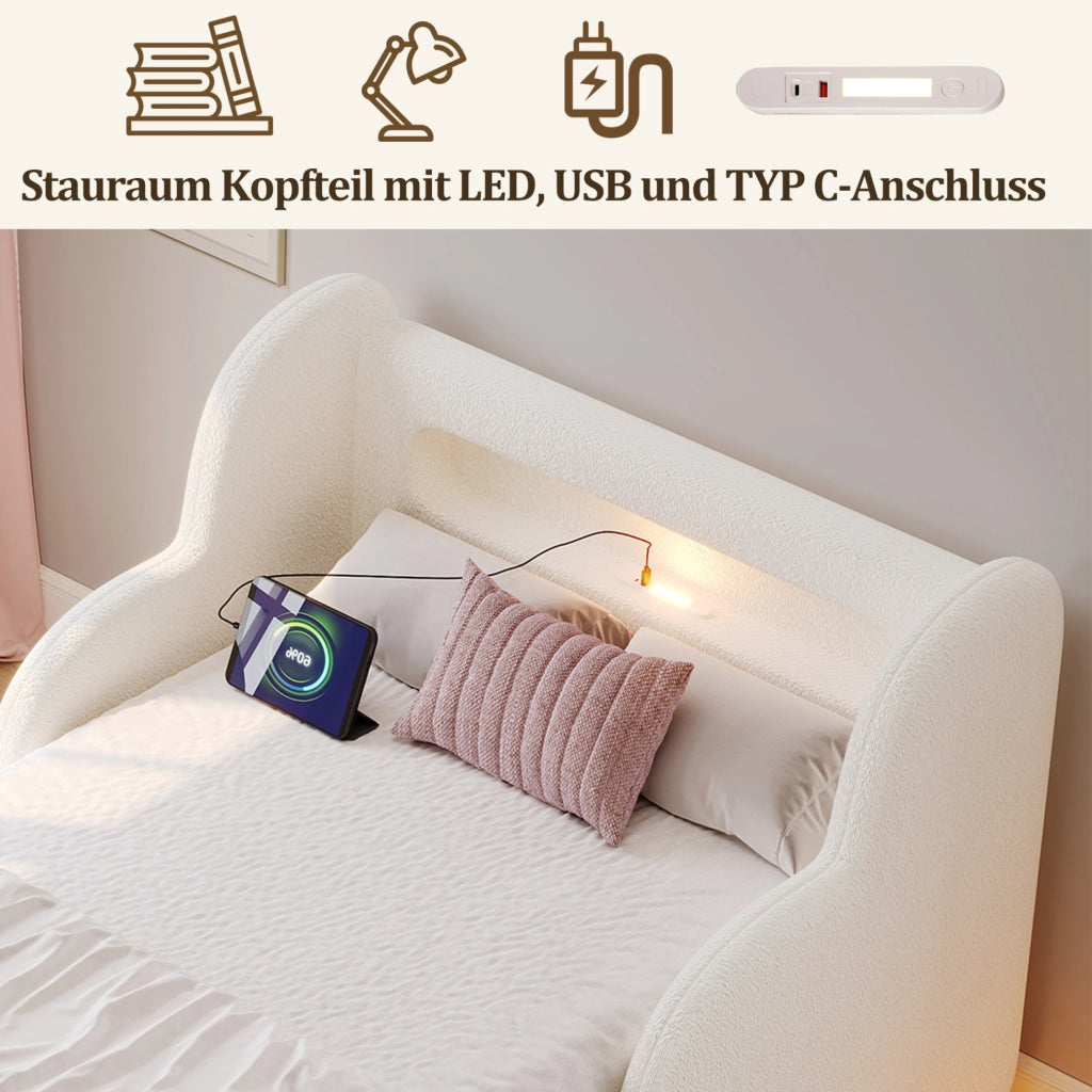 Letto singolo 90x200 cm in bouclé beige con sponde imbottite; luce notturna e porte USB/Type-C