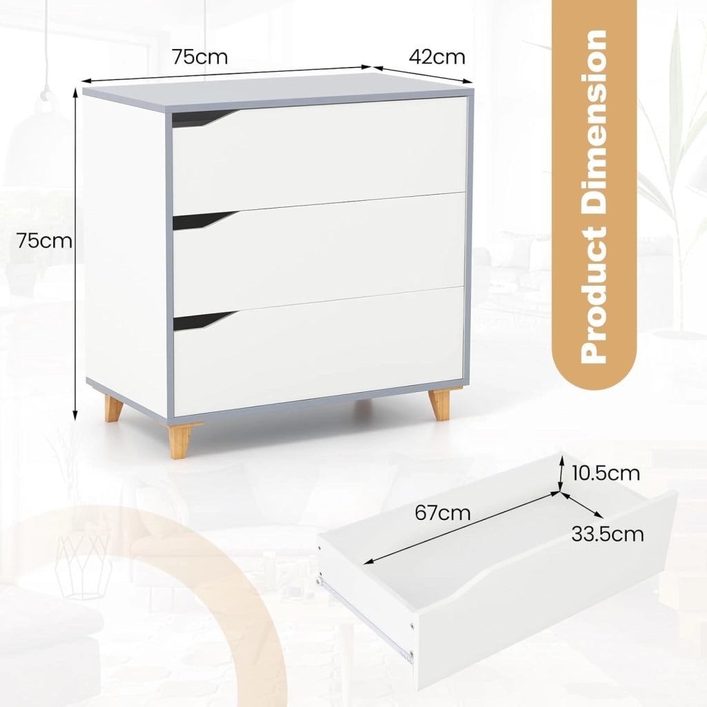Cassettiera in legno con 3 cassetti, cassettiera autoportante, con chiusura antiribaltamento, moderno armadietto con gambe in legno massiccio, comodino, 75 x 42 x 75 cm