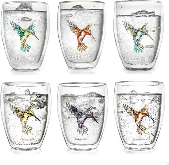 Vetrina termica a doppia parete per tè o latte macchiato con uccellino, 6 pezzi, 250 ml, in blu/rosa/verde/arancione/lilla/giallo