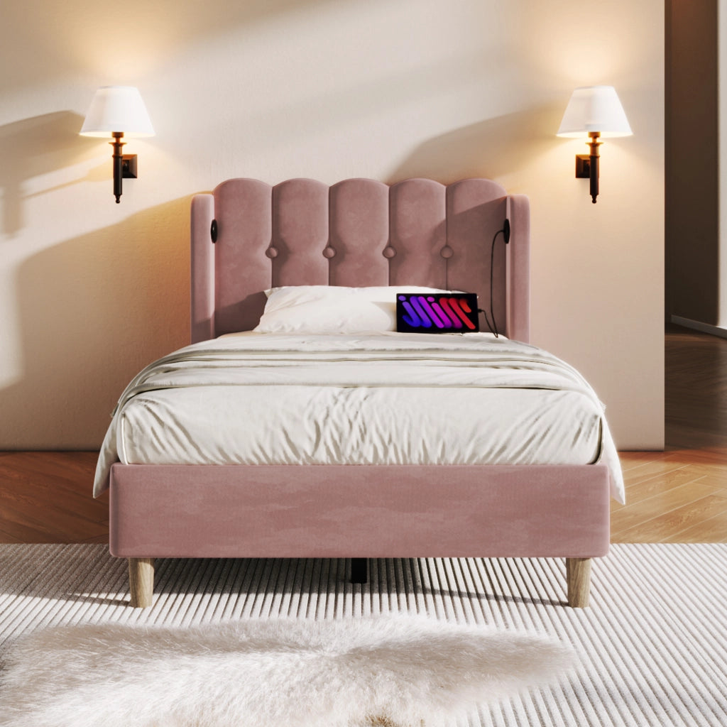 Letto singolo imbottito 90x200 cm in velluto rosa con testiera pannellata, USB e Tipo-C