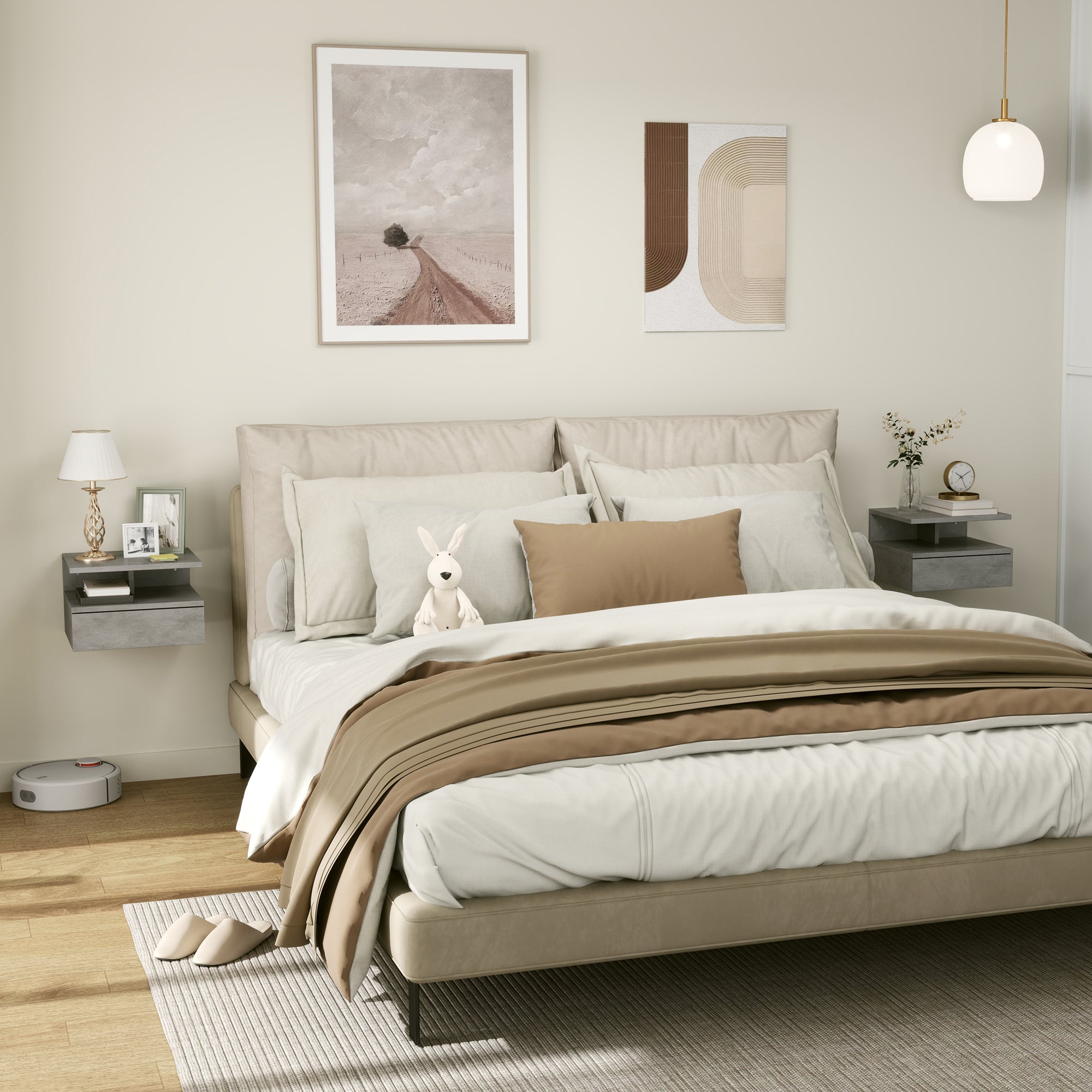 Set 2 Comodini Sospesi per Camera da Letto 35x32x22,5 cm con Cassetto in Legno Grigio