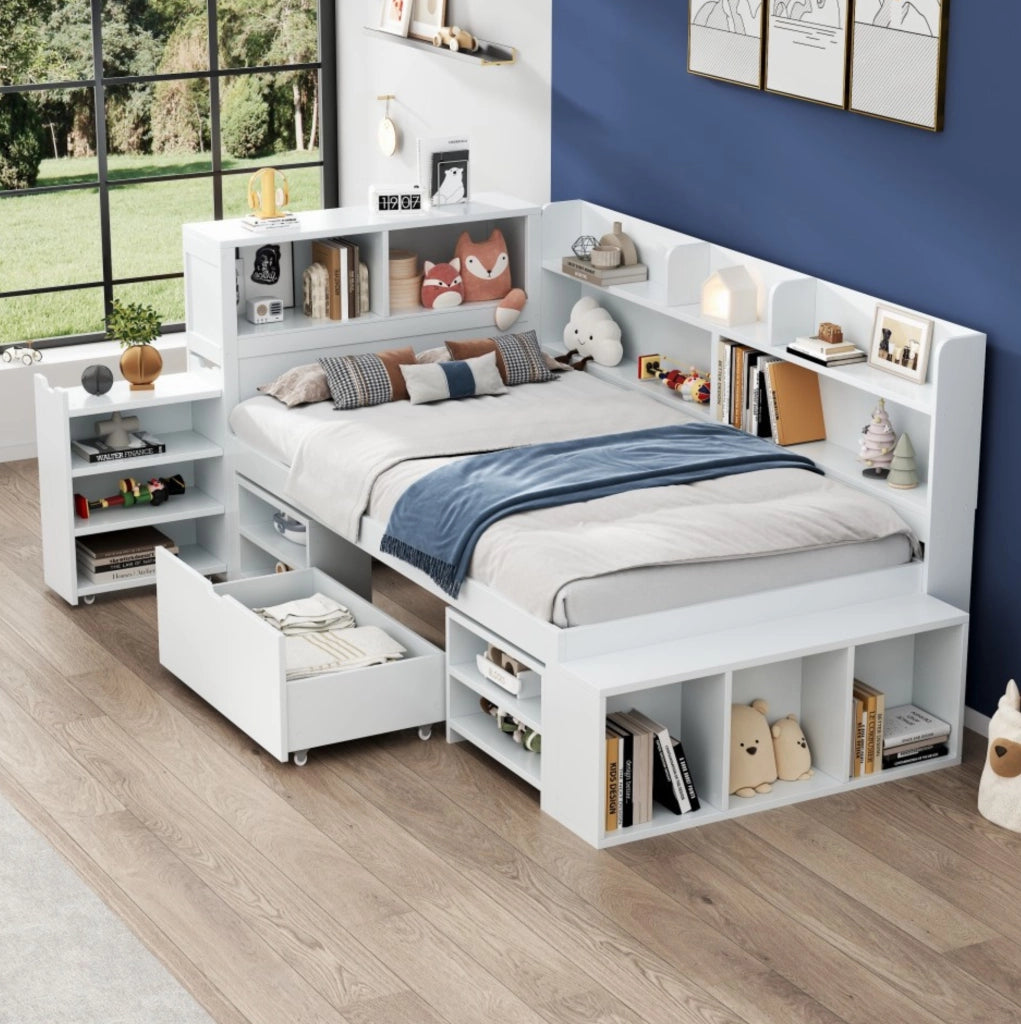 Letto per bambini 90x200 cm multifunzione con ripiani e cassetti; compensato bianco (Senza materasso)