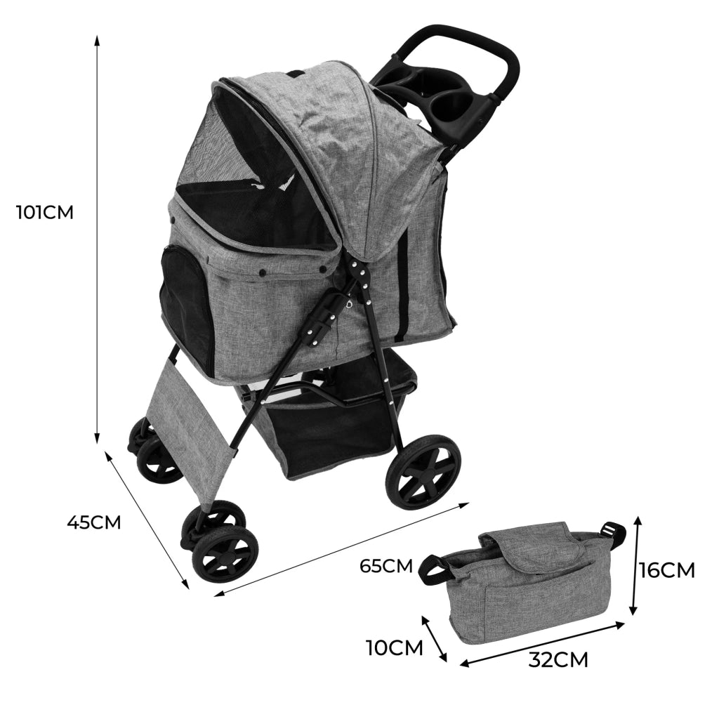 Passeggino per animali Grigio con Borsa Organizer Pieghevole da Viaggio per Cani