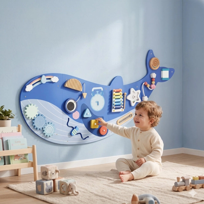 Busy Board Montessori in Legno a Forma di Balena, 13-in-1 con Xilofono, Orologio e Ingranaggi, da Parete