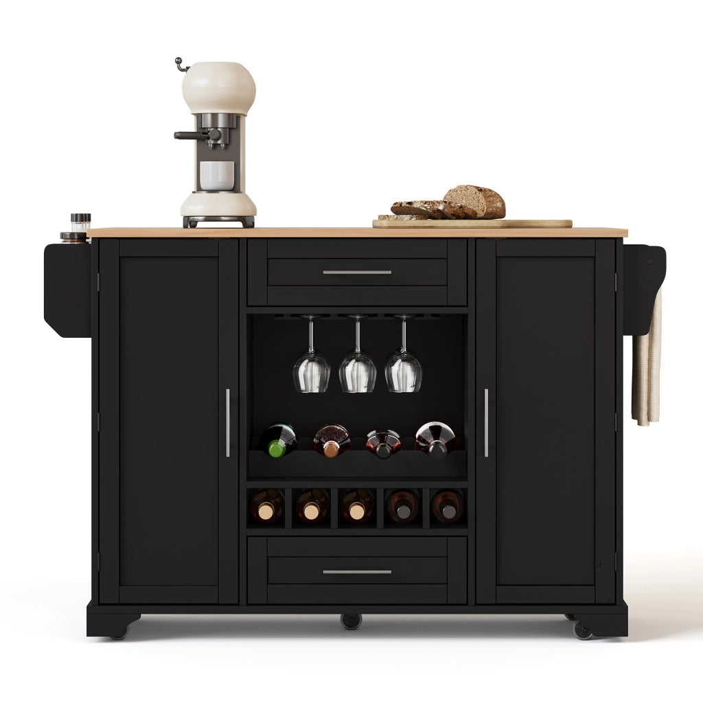 Isola da Cucina Mobile 138x45/70x92 cm Nera con Piano Ribaltabile; Portabottiglie; Portabicchieri e 5 Ruote