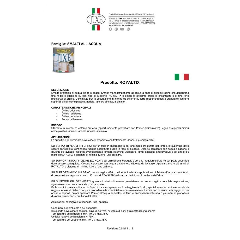 Royaltix 750ml, tutti i ral serie 6000, smalto all' acqua vernice diretta su lamiera, acciaio e alluminio, brillantezza